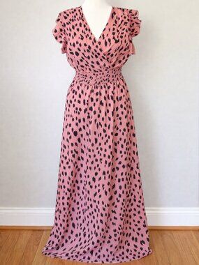 Pink Leopard Print Maxi Dress Flutter Sleeve Smocked Waist | Medium